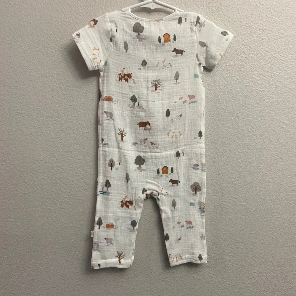 Elegant Baby‎ Kids 6-9M Cream Farm Animal Romper NEW Organic Cotton Muslin Barn